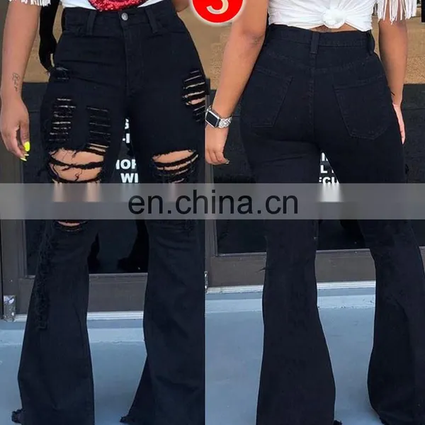 Women Denim High Waist Flare Pants Boyfriend Ripped Jeans Lady Skinny Bell Bottom Jeans Pant Wide Leg Mom Jeans Plus Size photo-3