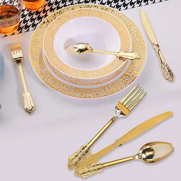 Ningbo PartyKing18 Piece Plastic Gold Flatware Set Looks Like Gold Coated Plastic Cutlery Solid Durable Includes 6 Forks 6 Knives 6 Spoons