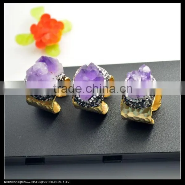 LFD-0016R ~Fashion Jewelry Gold Plated Nature Amethyst Quartz Rings, Crystal Rhinestone Paved Gems Druzy Ring Adjustable Size photo-4