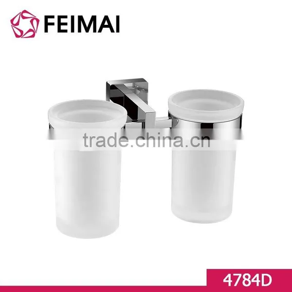 Simple Design Brass Chrome Finished Double Tooth Brush Frosted Glass Holder