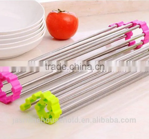 High Quality Over the Sink Multipurpose Roll Up Stainless Steel Silicone Dish Drying Rack photo-6
