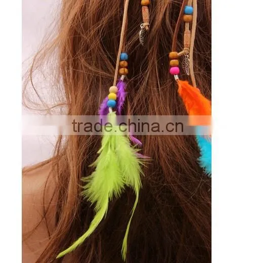 Women Girl Bohemian Boho Fashion Handmade Multicolor Feather and Gold Leaves Pendants Hairband photo-4
