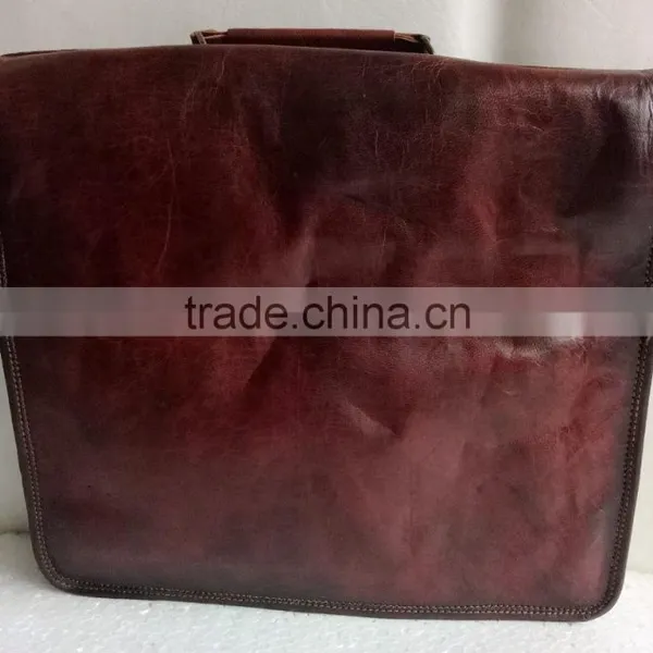 High Quality Classic Design Handmade Vintage Pure Goat Leather Laptop Bag photo-2