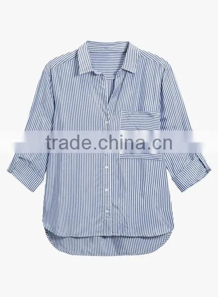 Wholesale 2017 Custom Ladies Fashion Frill Blouse Stripes Relaxed Ruffle Shirts photo-4
