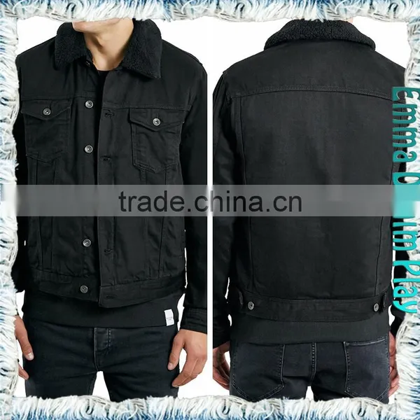 Medium Wash Fur Collar Black Denim Mens Short Jackets photo-2