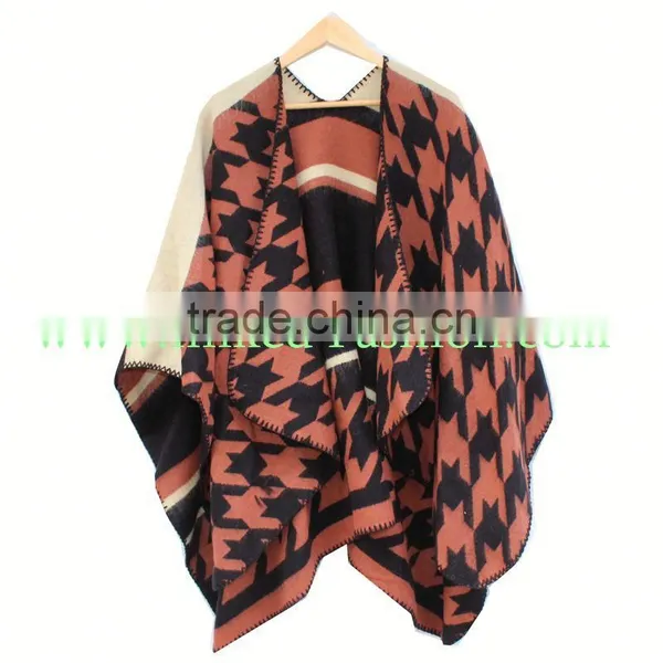 Women Winter Grid Check Tartan Poncho Cape Coat Reversible Scarf Shawl photo-4