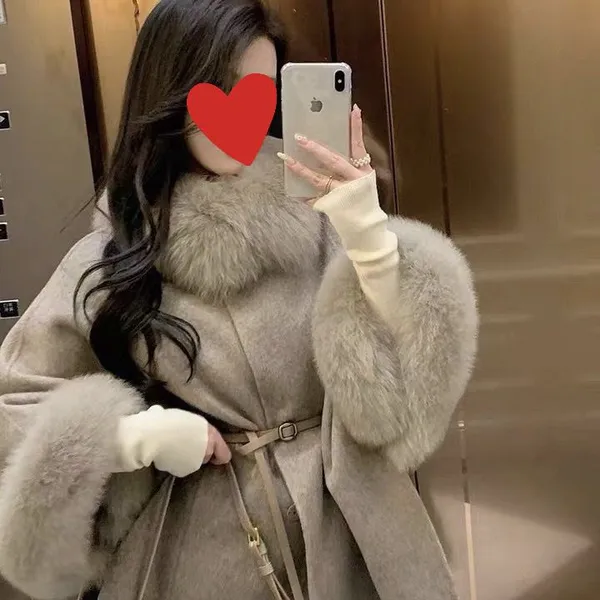 Double-faced Cashmere Coat for Women 2025 Autumn and Winter New Mid-length High-end Cloak Fox Fur Collar Wool Coat photo-5