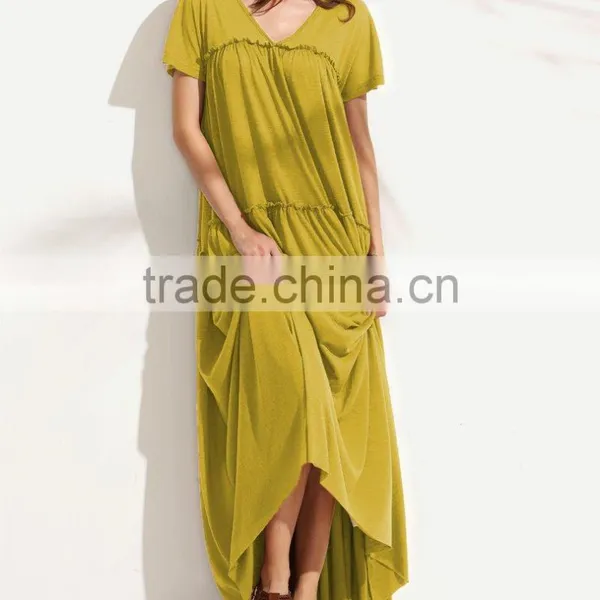 Guangzhou Clothing OEM Double V Neck Plain Mustard Linen Frilled Tent Dress