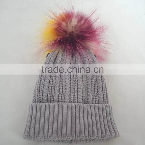 Myfur Light Grey Women Knit Hat With Real Fur Pom Pom Top photo-5