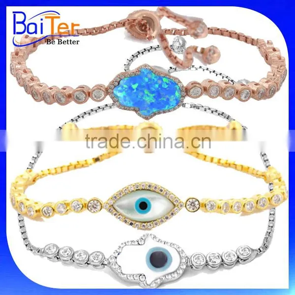 Adjustable Turkish Jewelry 925 Sterling Silver Mother of Pearl Cz Evil Eye Tennis Bracelet photo-2