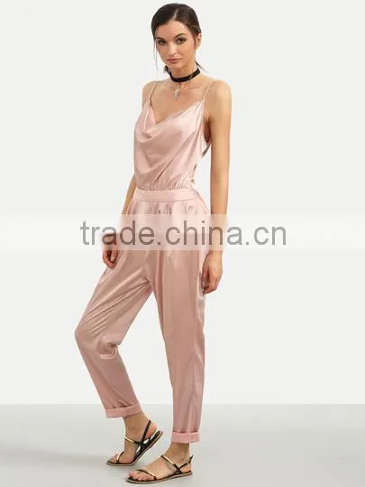 Bodysuits Latest Fashion Design Women Clothing Pink Spaghetti Strap Cowl Neck Backless Jumpsuit