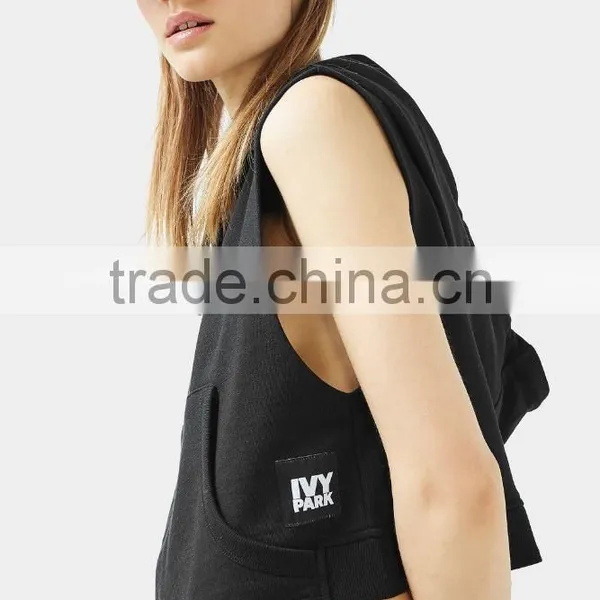 Cropped Top Hoodie Women Sleeveless Plain Dyed Black Cropped Hoodies Wholesale Custom Made photo-2