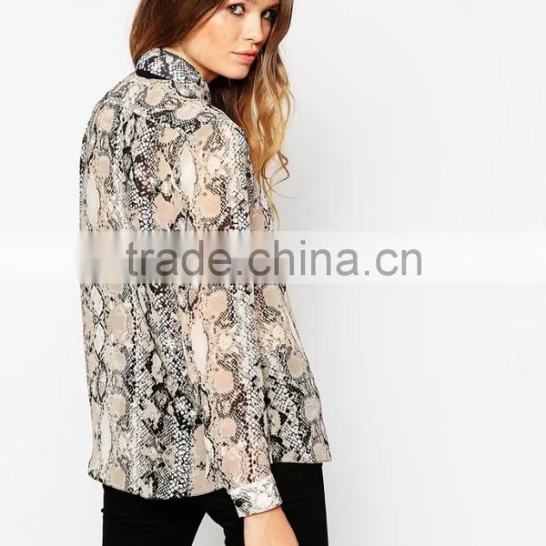 China Factory OEM ODM 2015 New Fashion Customized Contrast Tie Snake Print Blouse photo-3