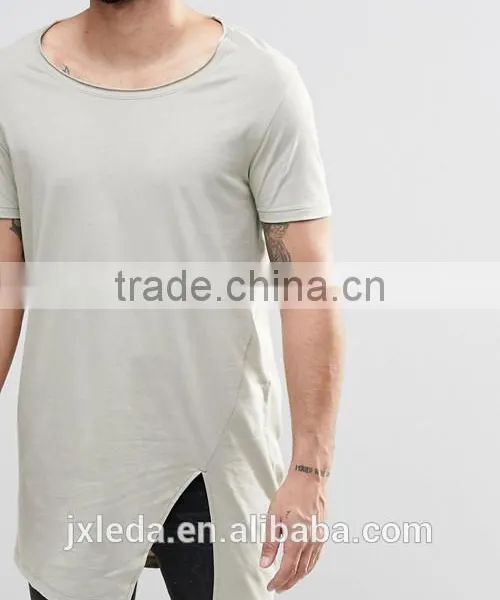 China Suppliers Custom Men Summer Fashion 100% Cotton Raw Scoop Neck Split Hem Long Line T-shirt photo-3