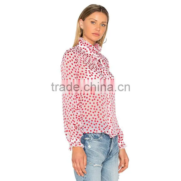 Polka Dot Printed Tie Neck Long Sleeve Women's Viscose Chiffon Shirt photo-2
