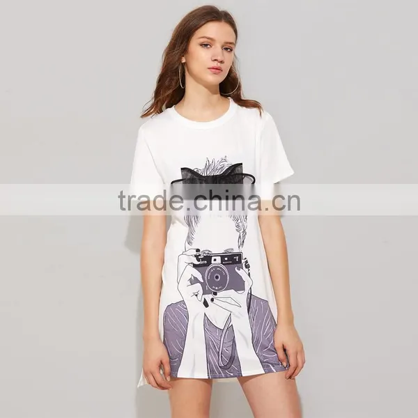 Printed Black Bow Dresses for 15-20 Years Girls Short Sleeve Tee Dress photo-6