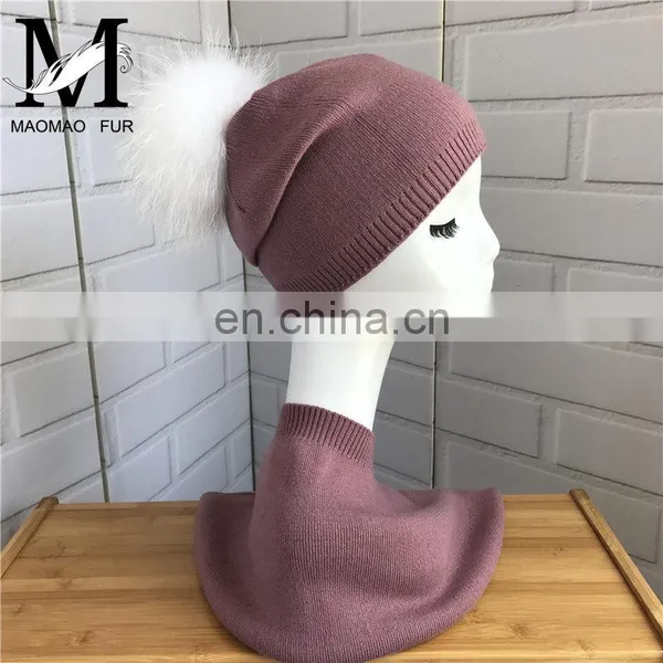 Women Cashmere Knitted Collar Raccoon Fur Pompom Hat Wholesale Hat and Scarf Sets photo-5