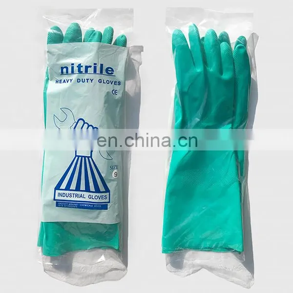15 Mil Custom Printed Heavy Long Cuff Green Flock Lined Nitrile Gloves Chemical Industrial Acid Alkali Resistant Gloves photo-3