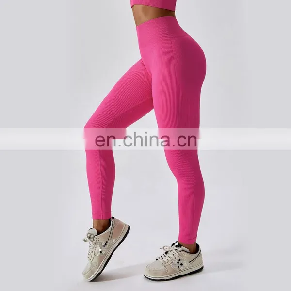 Soft Ribbed High Waist Sports Leggings For Women Custom Workout Wicking Durable Gym Pants photo-3
