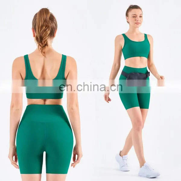Athletic Ribbed Yoga Fitness Women Square Neckline Sports Bra Biker Shorts Set Gym photo-2