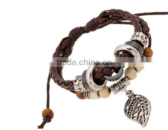 2016 Fashion Personalized Leaf Pendant Leather Bracelets, Vintage Handmade Charm Bracelets photo-3