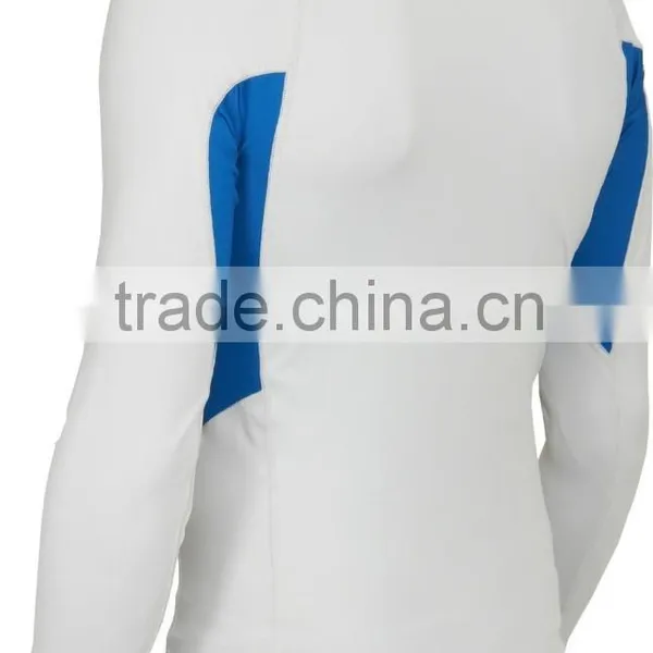 92% Polyester 8% Spandex (Lycra) Crew Neck Long Lunar White Compression Shirt / Rash Guard With Blue Side Panels photo-2