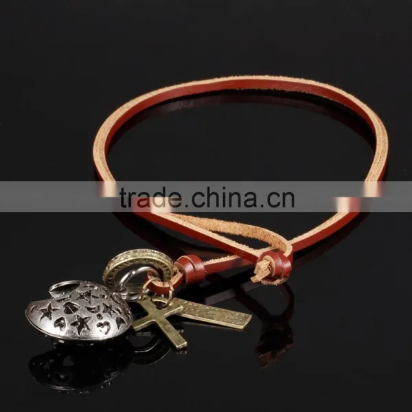 Antique Jewelry Catholic Religious Items Bronze Moon Necklace With Geneuine Leather Chain photo-3
