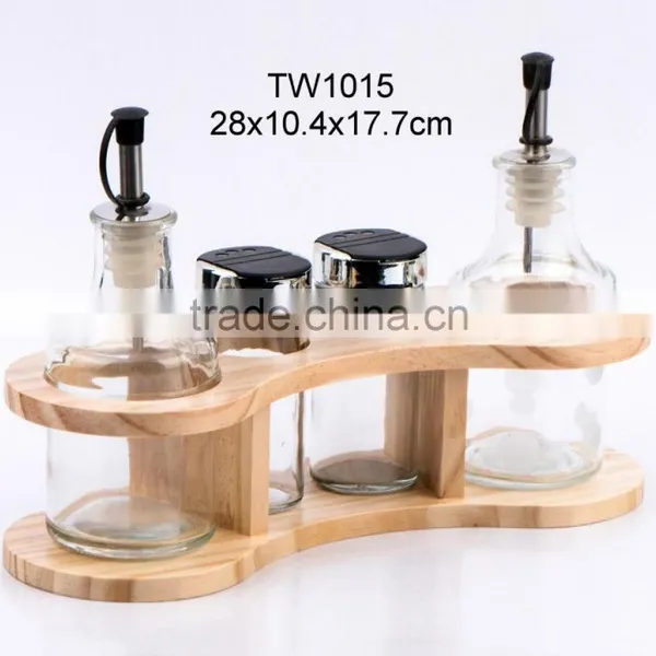 4pcs Glass Oil Vinegar Salt Pepper Set With Wooden Rack (TW1014) photo-2