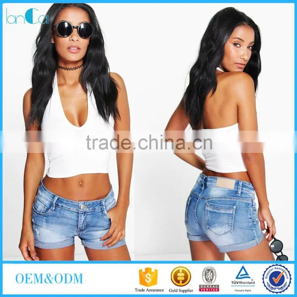Wholesale Custom Women Apparel Denim Shorts Wash Denim Hotpants