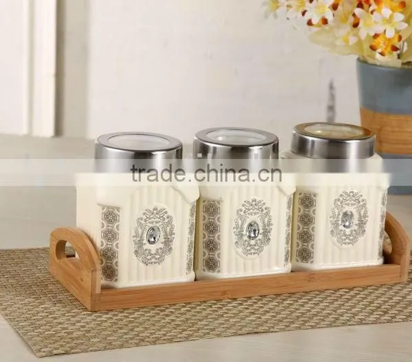 3pcs Ceramic Canister Set With Wooden Stand photo-2