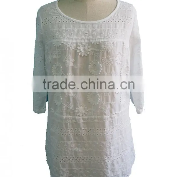 Floral Hand Embroidery Designs Round Collar 3/4 Three- Quarter Sleeve Blouse Tunic D