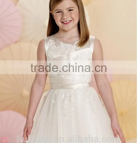 High Quality Baby Gown off Shoulder Lace Satin Top Flower Girl Tulle Dress photo-3