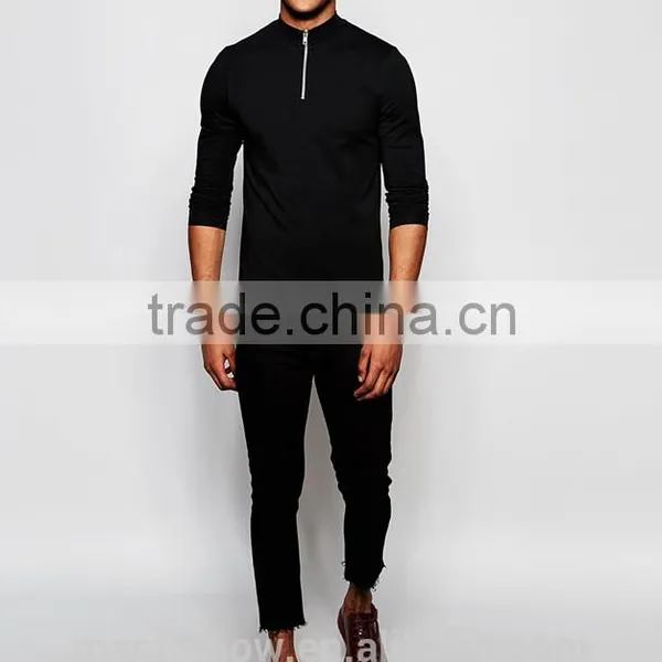 Black Plain Mens Long Sleeve T-Shirt Slim Fit 1/4 Zipper Tops Muscle Lightweight Jacket Quarter Zipper T Shirts photo-4