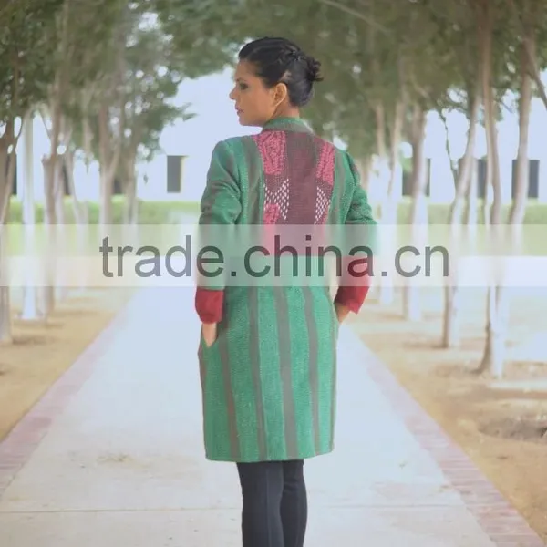 Vintage Kantha Long Jacket in Beautiful Viridian Green and Dull Red ~ Small photo-5