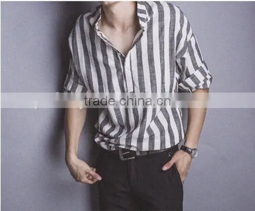 Linen Shirt Collar Male 7 Minutes of Sleeve Casual Shirts photo-2