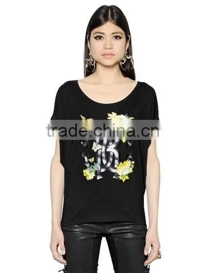 New Latest Design Floral Embroidery T-Shirts for Women,Top Quality Cotton Embroidery Short Sleeve T-shirts photo-2