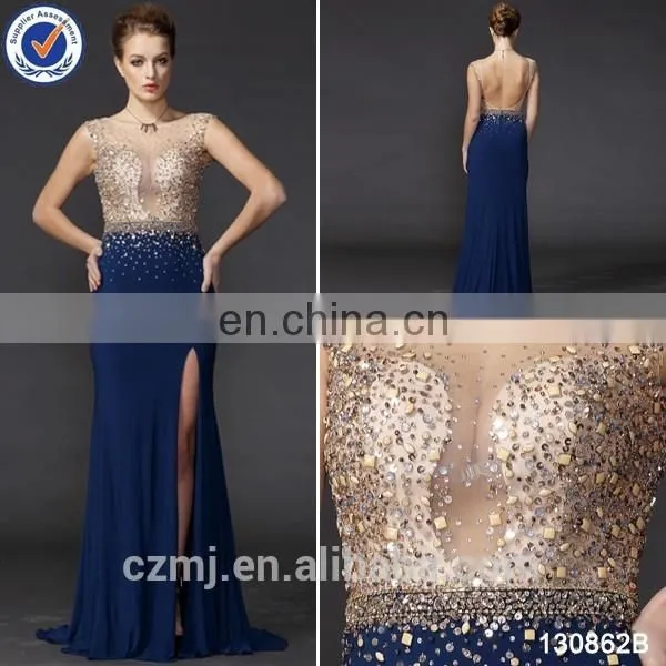 2016 Wholesale Latest Beading Design Backless Side Split Sexy Evening Dress