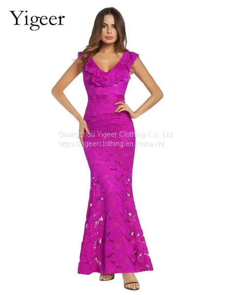 Ruffled V-neck High Waist Sheath Lace Mermaid Dress photo-5