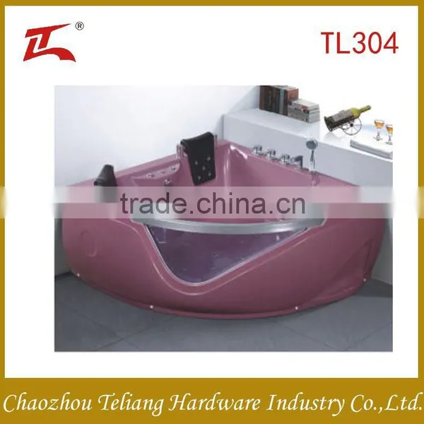 Crystal Pink Free Standing Triangle Two People Massage Arylic Bathroom Bathtub With Pillow