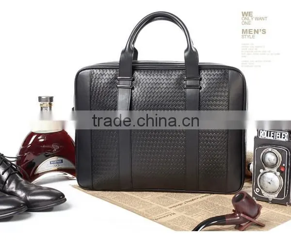 Mens Black Genuine Leather Laptop Shoulder Document Bag photo-2