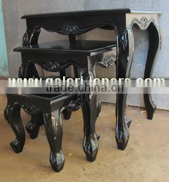 Antique French Furniture - Queen Anne Nest 3 Tables with Black Finish