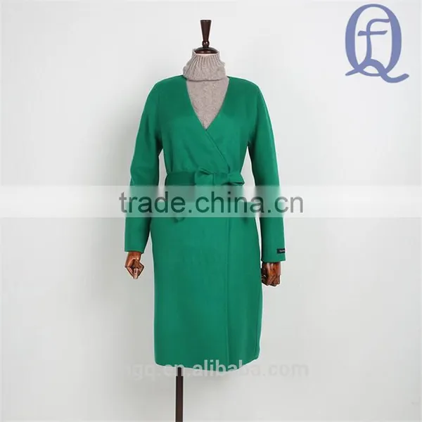 Europe Style Belt Coat V Neck Long Wool Coat Hand Sewn