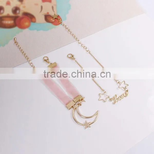 Gold Love Letter Moon Star Charms Bracelet Gold Chain Bracelet Silk Ribbon Bracelet photo-2