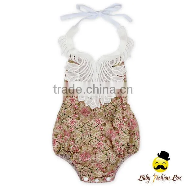 Baby & Kids Clothes Summer Cotton Frock Navy Flower Printed Halter Lace Froal Infant Baby Girl Bodysuit Vintage Romper photo-3