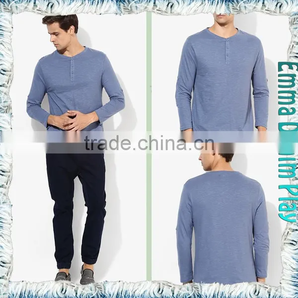 Navy Mens Buttons Placket Blank Long Sleeves T-Shirts photo-5