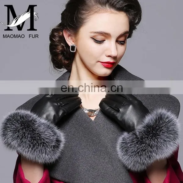 Warm Real Leather Glove With Big Genuine Fox Fur Beautiful Glove photo-5