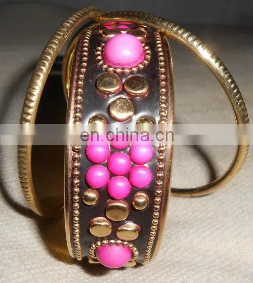 Beautifully Fuschia Colour Floral Brass Bangles