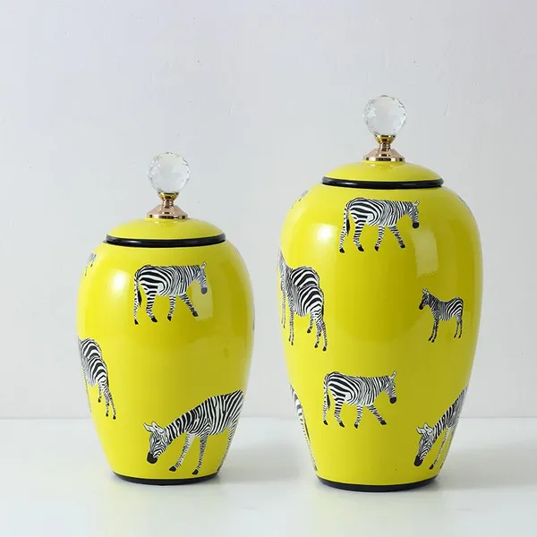 Nordic Style Modern Cylinder Tableware Yellow Zebra Painting Ceramic Flower Storage Vases With Round Crystal Lid For Dining Room photo-4