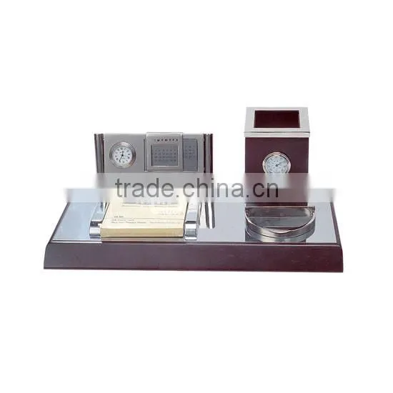 Rose Wood Desk Top Clock Sets Pen Holder Memo Holder Office Gift Items