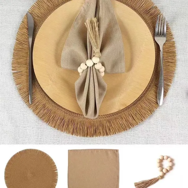 Cheap Wholesale Round Shaped Rattan Place Mat Blue Napkin Cloth And Rattan Napkin Ring For Wedding Budget Event Decoration photo-5